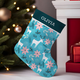 Meia De Natal Pequena Reindeer Floral Poinsettia Whimsical Personalizado