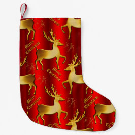 Meia De Natal Pequena Reindeer ouro em Vermelho