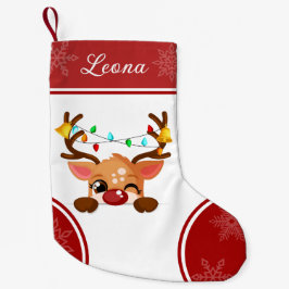 Meia De Natal Pequena Rena Sorridente com Luzes de Natal nos Chifres