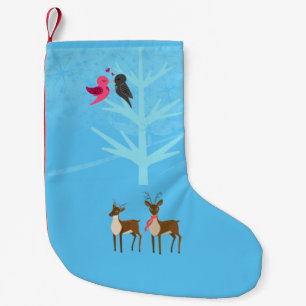 Meia De Natal Pequena Renas adoram pássaros Neve Natal.