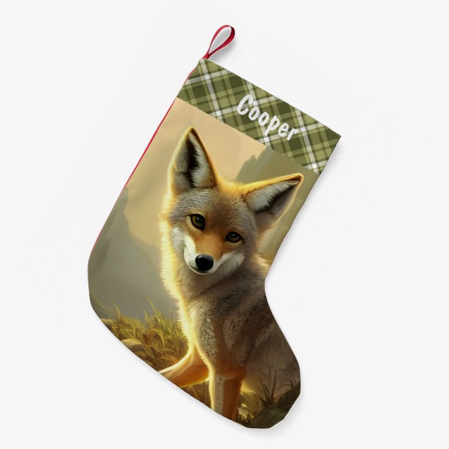Meia De Natal Pequena Retrato de Coyote Pup Wildlife Personalizado (Frente (Pendurada))