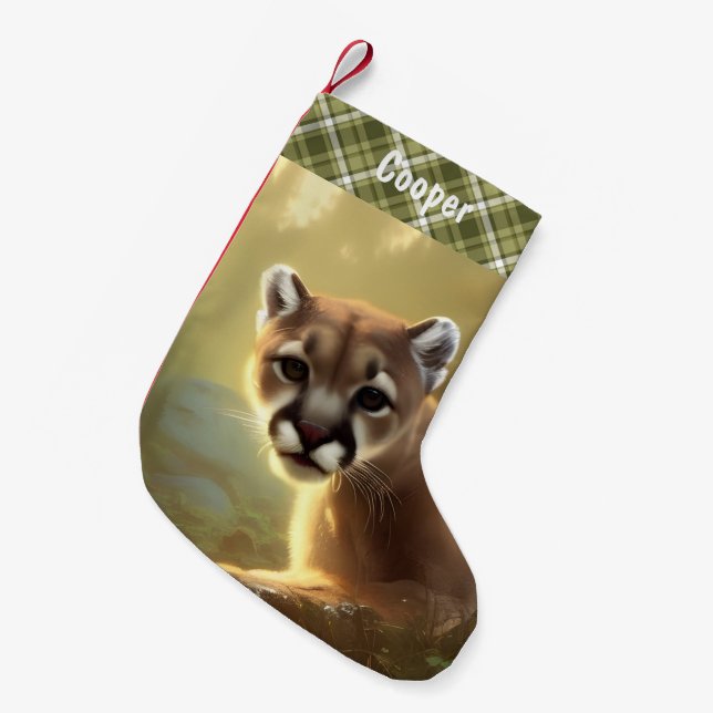 Meia De Natal Pequena Retrato Personalizado da Young Cougar Wildlife (Frente (Pendurada))