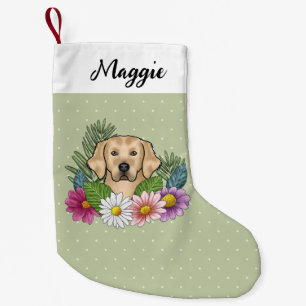 Meia De Natal Pequena Retriever Dourado Amarelo Flores Coloridas E Nome