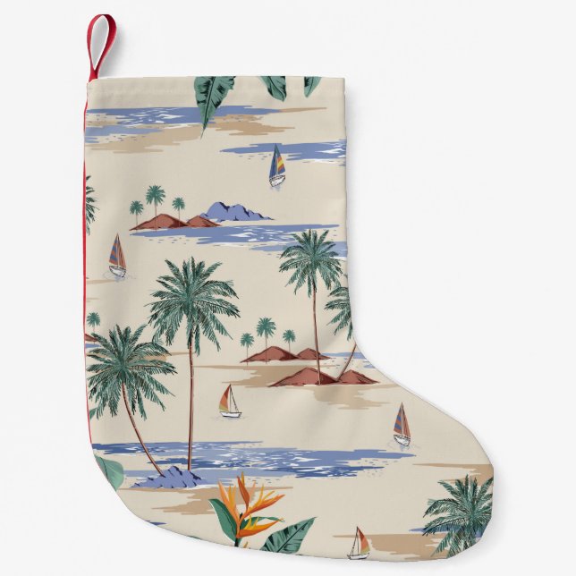 Meia De Natal Pequena Retro seamless tropical island pattern on light be (Frente)