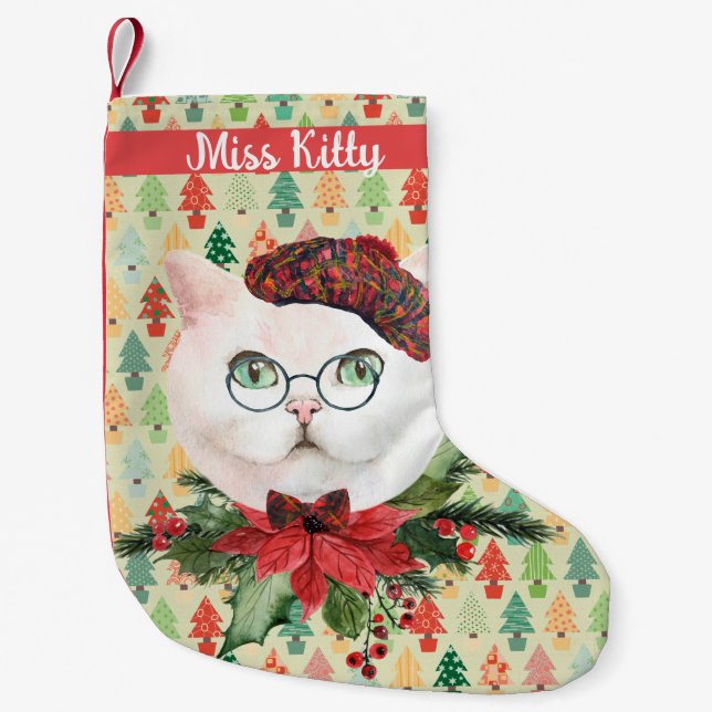 Meia De Natal Pequena Rico White Cat & Poinsettia Personalizada (Frente)