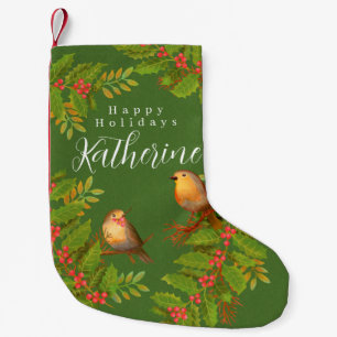 Meia De Natal Pequena Robin Birds Holly Berry Green