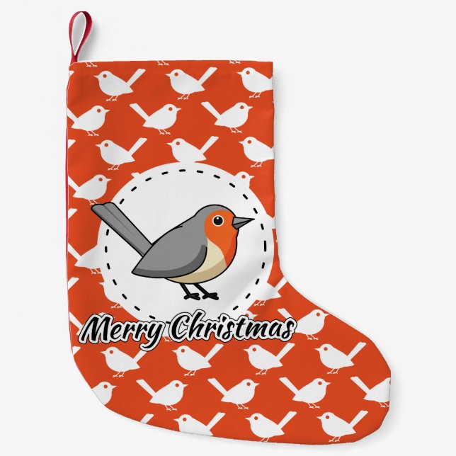Meia De Natal Pequena Robin on Orange White Bird Pattern - Feliz Natal (Frente)