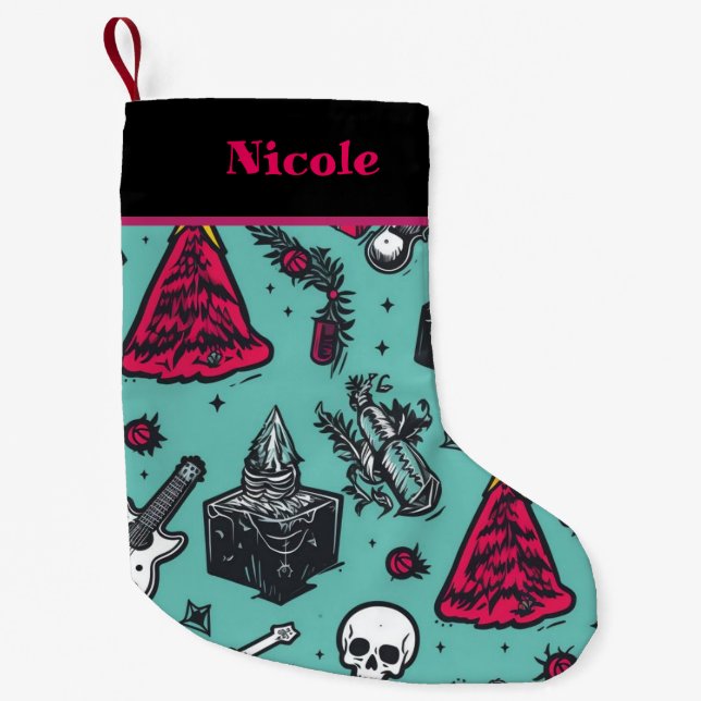 Meia De Natal Pequena Rockin' Skull Stocks (Frente)