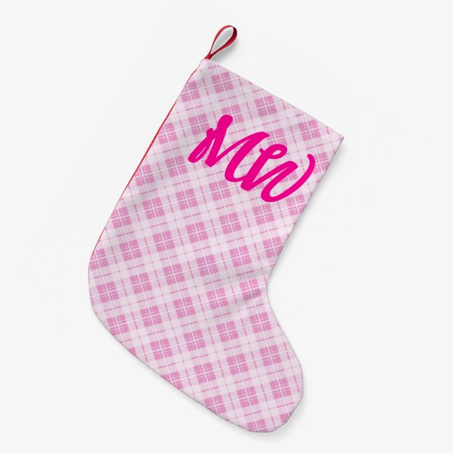Meia De Natal Pequena Rosa claro tartan Natal Monograma (Frente (Pendurada))