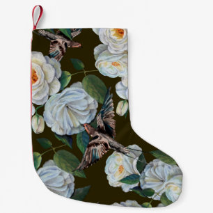 Meia De Natal Pequena Rosa de flores brancas com folhas desenhando em pa
