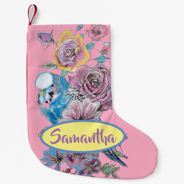 Meia De Natal Pequena Rosa Floral Christmas Stocks - Orçamento Azul - (Frente)