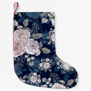 Meia De Natal Pequena Rosas Rosa Azul Escuro: Vintage