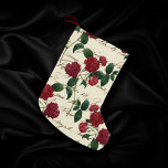 Meia De Natal Pequena Rosas vermelhas e manuscrito clássico<br><div class="desc">#abstractart Lindamente feminina Era vitoriana rosa flores e folhas verdes em um sofisticado fundo branco de creme de marfim com estilo caligrafia antigo escrita cursiva. Este vintage dos anos 90 inspirou um design abstrato que apresenta uma bela paleta que adiciona pop de cor perfeita. Para coordenar produtos ou cores, visite...</div>