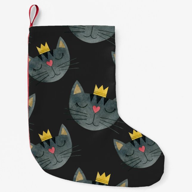 Meia De Natal Pequena Rostos de gato com aquarela, sem soldadura a preto (Frente)