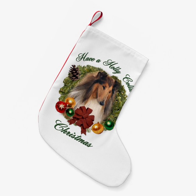 Meia De Natal Pequena Rough Collie Christmas (Frente (Pendurada))