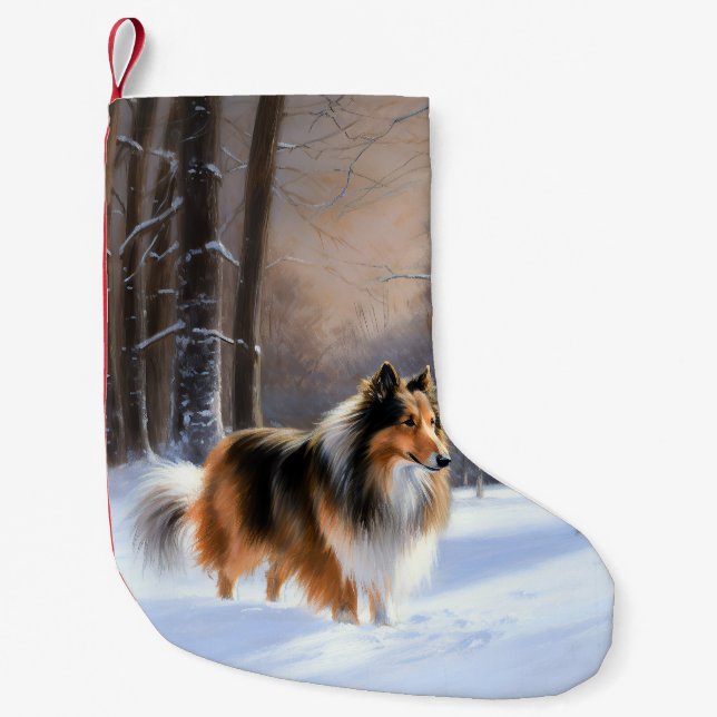 Meia De Natal Pequena Rough Collie Deixe Nevar Natal (Frente)
