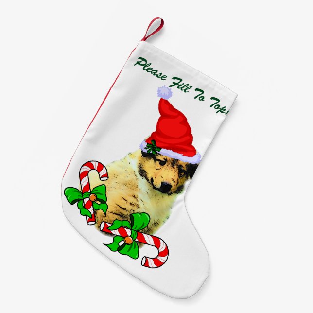 Meia De Natal Pequena Rough Collie Puppy Natal (Frente (Pendurada))