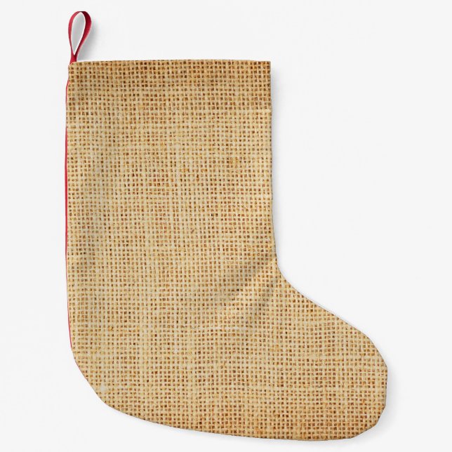 Meia De Natal Pequena Roupa natural, fundo texturizado. (Frente)