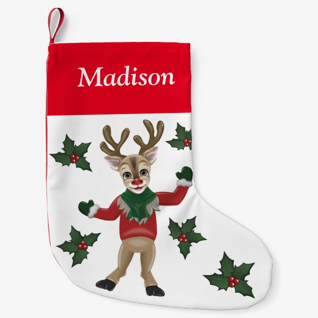 Meia De Natal Pequena Rudolph Red Nosed Reindeer Nome personalizado (Frente)