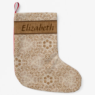Meia De Natal Pequena Rustic Burlap e Lace Snowflake Personalizados