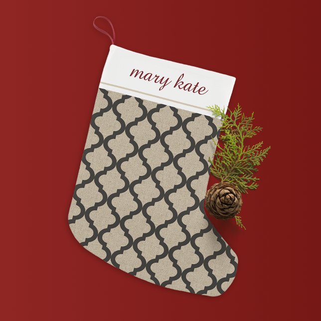 Meia De Natal Pequena Rustic Faux Burlap e Black Marroquino Quatrefoil (Criador carregado)