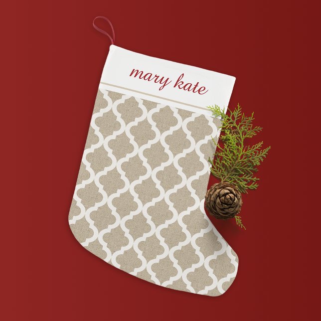 Meia De Natal Pequena Rustic Faux Burlap e White Quatrefoil (Criador carregado)