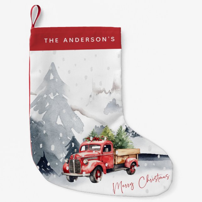 Meia De Natal Pequena Rustic Red Truck Natal Personalizado (Frente)