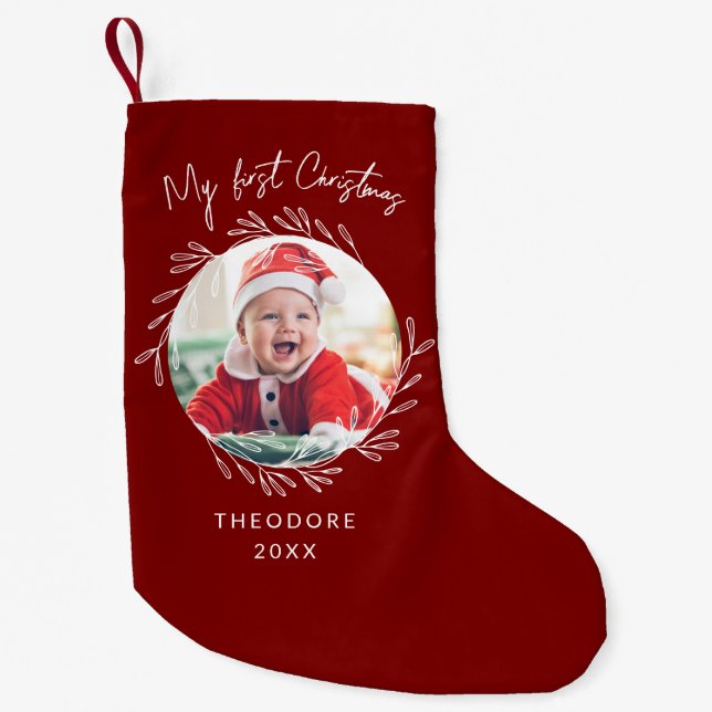 Meia De Natal Pequena Rustic Wreath Leaf My first Christmas Baby Photo  (Frente)