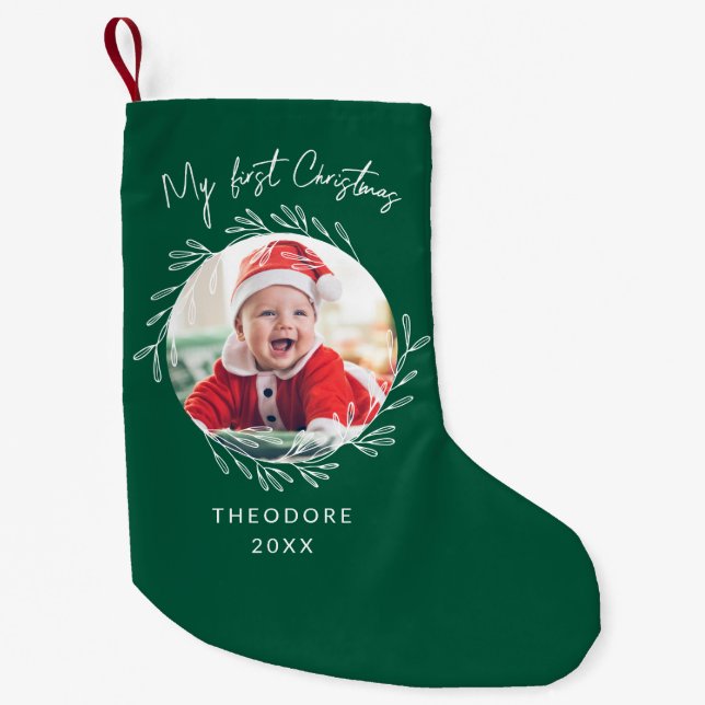 Meia De Natal Pequena Rustic Wreath Leaf My first Christmas Baby Photo  (Frente)