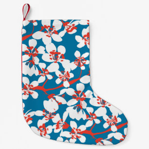 Meia De Natal Pequena Sakura branca, padrão de fundo azul clássico.
