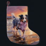 Meia De Natal Pequena Sandy Australian Shepherd Dog on Beach Sunset<br><div class="desc">Mergulhe na beleza tranquila do nosso cão "Sandy Paws and Sunset Hues" na design do pôr do sol da praia. Esta cena cativante captura a essência de uma noite perfeita na costa, com um companheiro leal canino desfrutando das areias ouros e das lutas respiratórias do sol. Quer você seja um...</div>