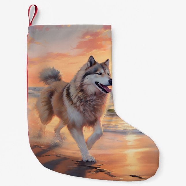 Meia De Natal Pequena Sandy Paws Alaskan Malamute Dog em Beach Sunset (Frente)