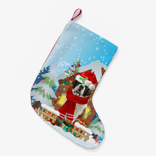 Meia De Natal Pequena Santo Bernard cão com presentes de Natal (Frente (Pendurada))