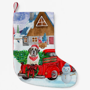 Meia De Natal Pequena Santo Bernard Dog Na Neve Dos Caminhões De Natal