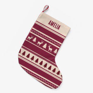 Meia De Natal Pequena Scandi Fair Isle   Nome Personalizado Vermelho