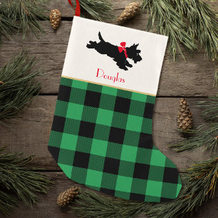 Meia De Natal Pequena Scottie Dog Nome Personalizado Buffalo Xadrez Verd