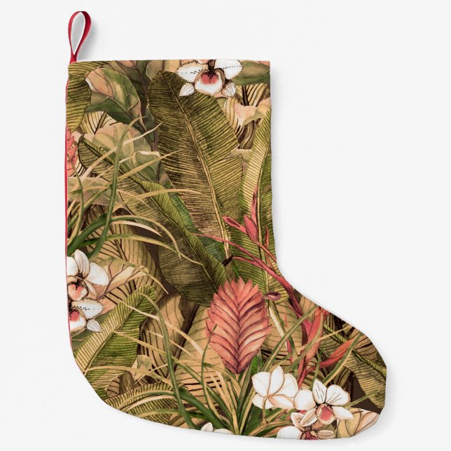 Meia De Natal Pequena Seamless pattern with tropical leaves and flowers. (Frente)