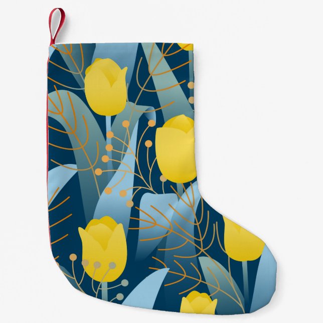 Meia De Natal Pequena Seamless pattern yellow tulips on dark blue backgr (Frente)