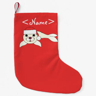 Meia De Natal Pequena Selo de bebê branco com o chapéu vermelho do papai