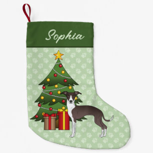 Meia De Natal Pequena Selos E Italian Greyhound Branco & Árvore de Natal