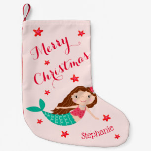 Meia De Natal Pequena Sereia Natal Personalizada, Rosa-Rosa