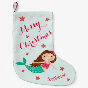 Meia De Natal Pequena Sereia Natal Vermelho Aqua Personalizado