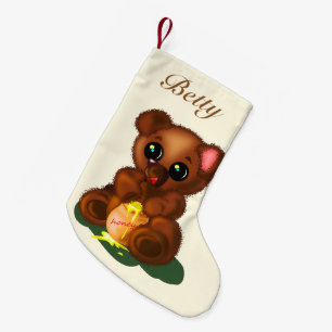 Meia De Natal Pequena Seu nome natalino empilhando com o Bebê Honey Bear