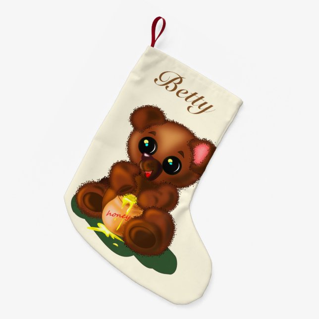 Meia De Natal Pequena Seu nome natalino empilhando com o Bebê Honey Bear (Frente (Pendurada))