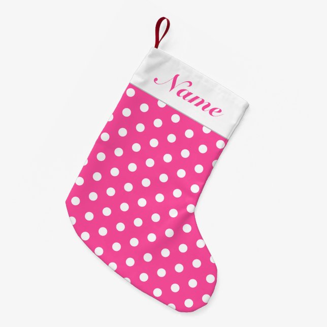 Meia De Natal Pequena Seu nome White Dots Pink Christmas Stocks (Frente (Pendurada))