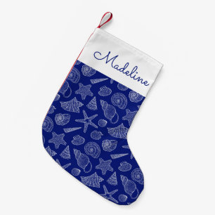 Meia De Natal Pequena Shell azul brilhante modela   adiciona seu nome