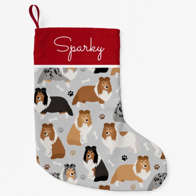 Meia De Natal Pequena Sheltie Bones e patas Pequenas no Natal (Frente)
