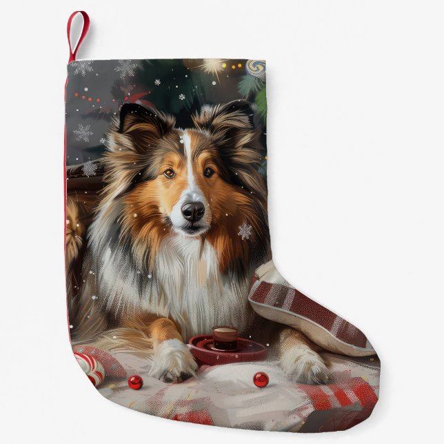 Meia De Natal Pequena Shetland Sheepdog Natal Festivo (Frente)