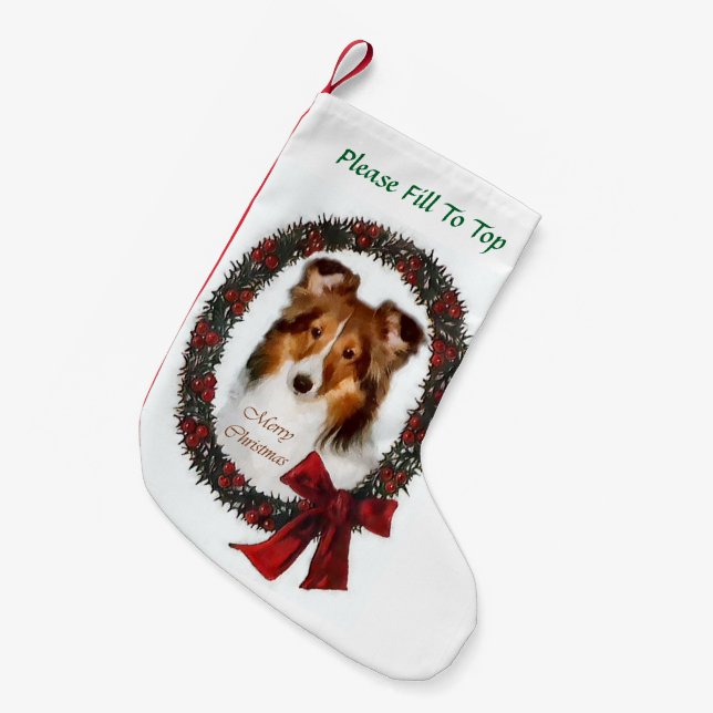 Meia De Natal Pequena Shetland Sheepdog Wreath Christmas (Frente (Pendurada))