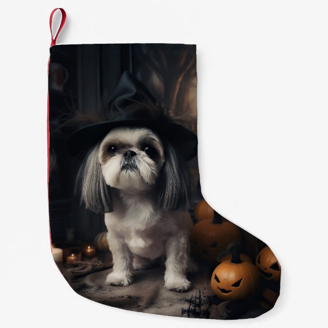 Meia De Natal Pequena Shih Tzu Pumpkins Halloween Scary (Frente)